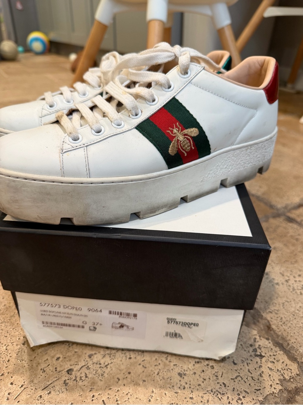 Gucci White Platform Sneakers with Green & Red Web and Gold Bee